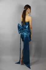 Rochie turcoaz din satin lichid cu funda detasabila - imagine 2