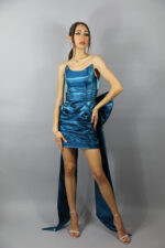 Rochie turcoaz din satin lichid cu funda detasabila - imagine 3