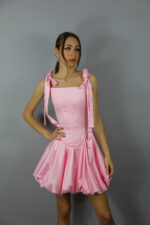 Rochie roz elegantă cu corset și funde pe umeri - imagine 3