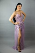 Rochie de seara lila cu corset si fusta lunga